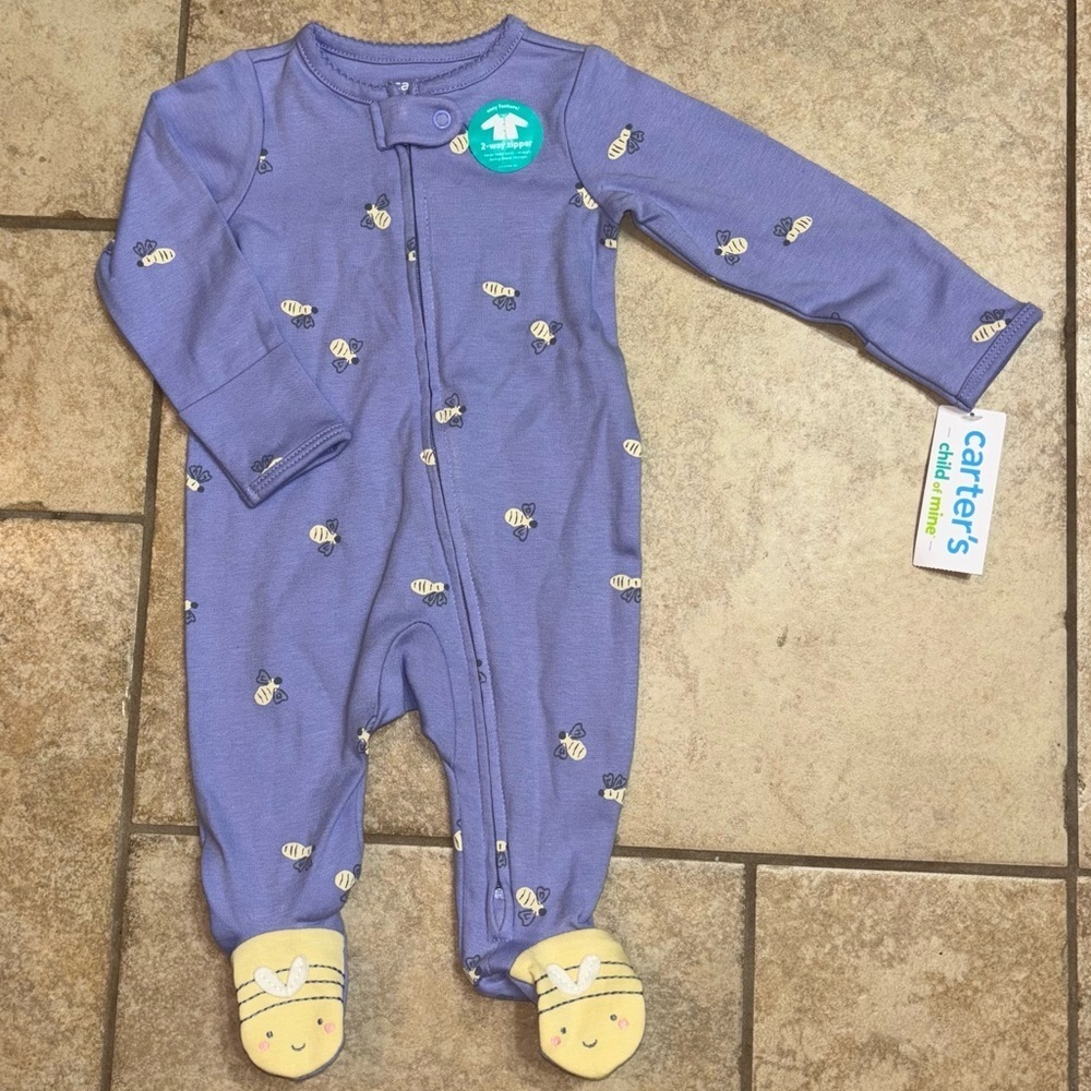 New! Carter's NB Lavender Bee Print Footie Sleeper Baby Girl NB